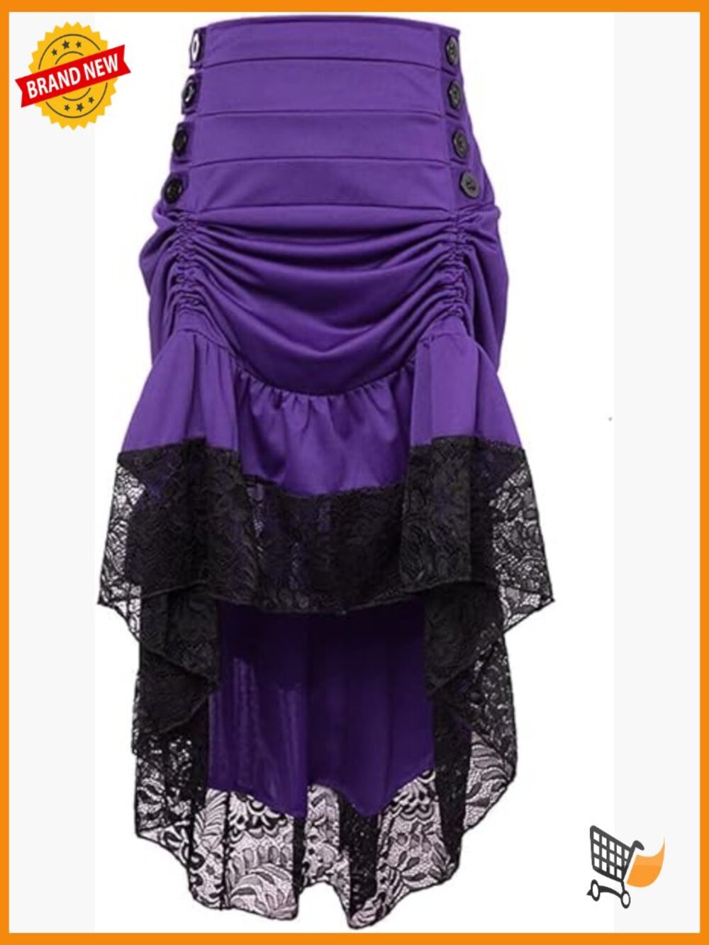 Steampunk Victorian Gothic Lace Trim High Low Skirt with Waistband Details